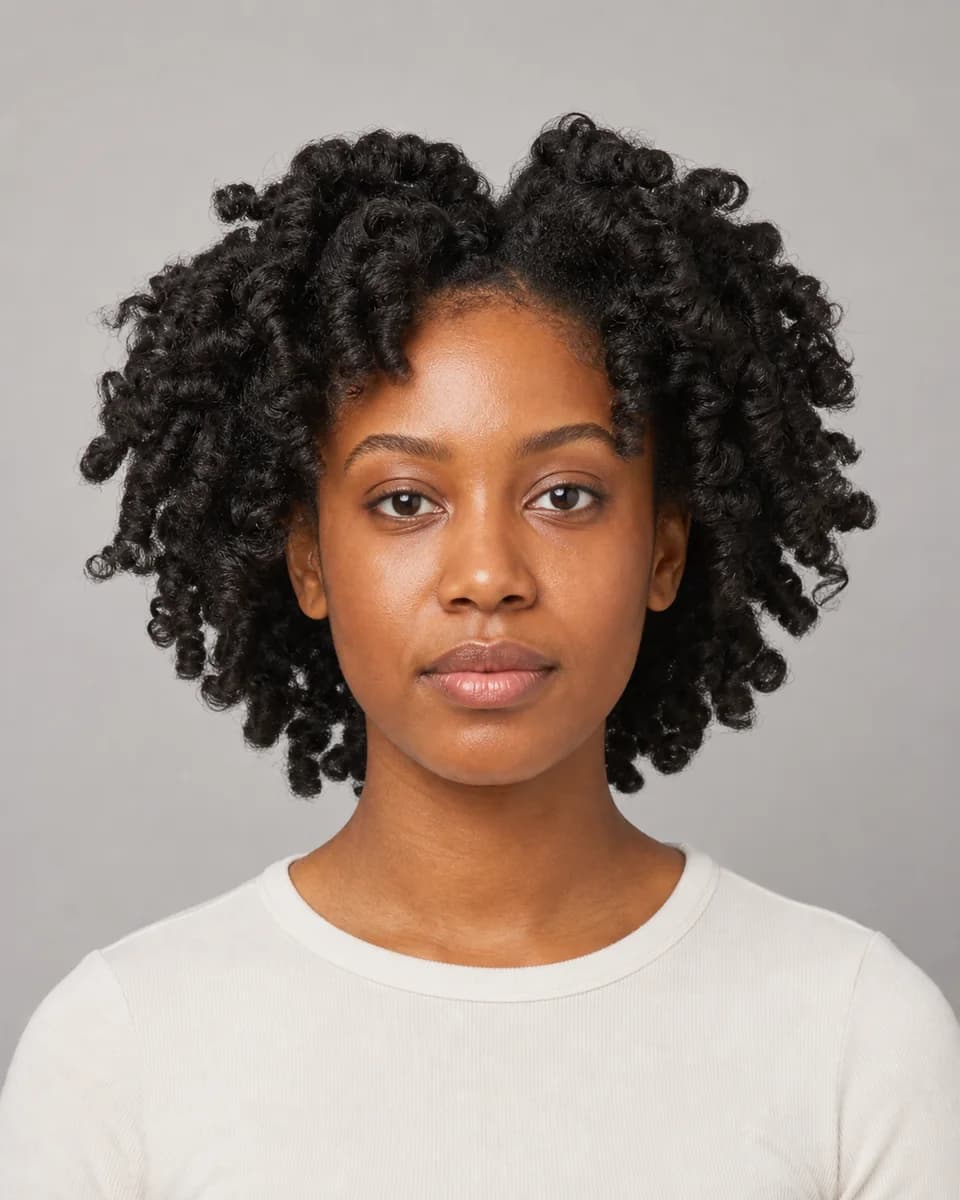 Bantu knot-out — synthetic hairstyle study portrait
