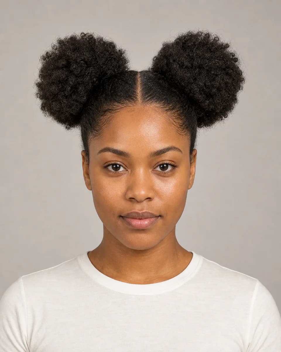 Double Afro puffs — synthetic hairstyle study portrait