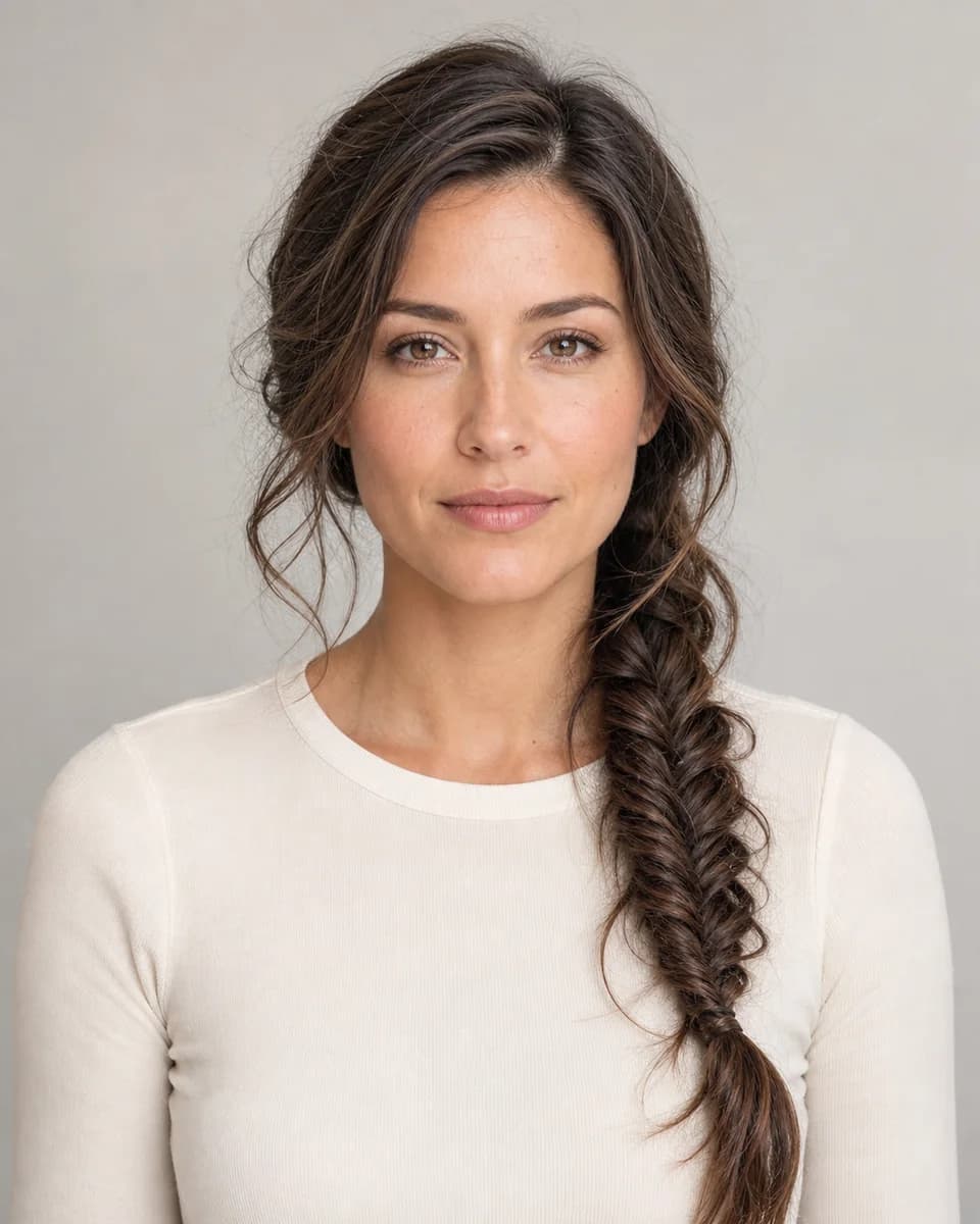 Loose fishtail side braid — synthetic hairstyle study portrait