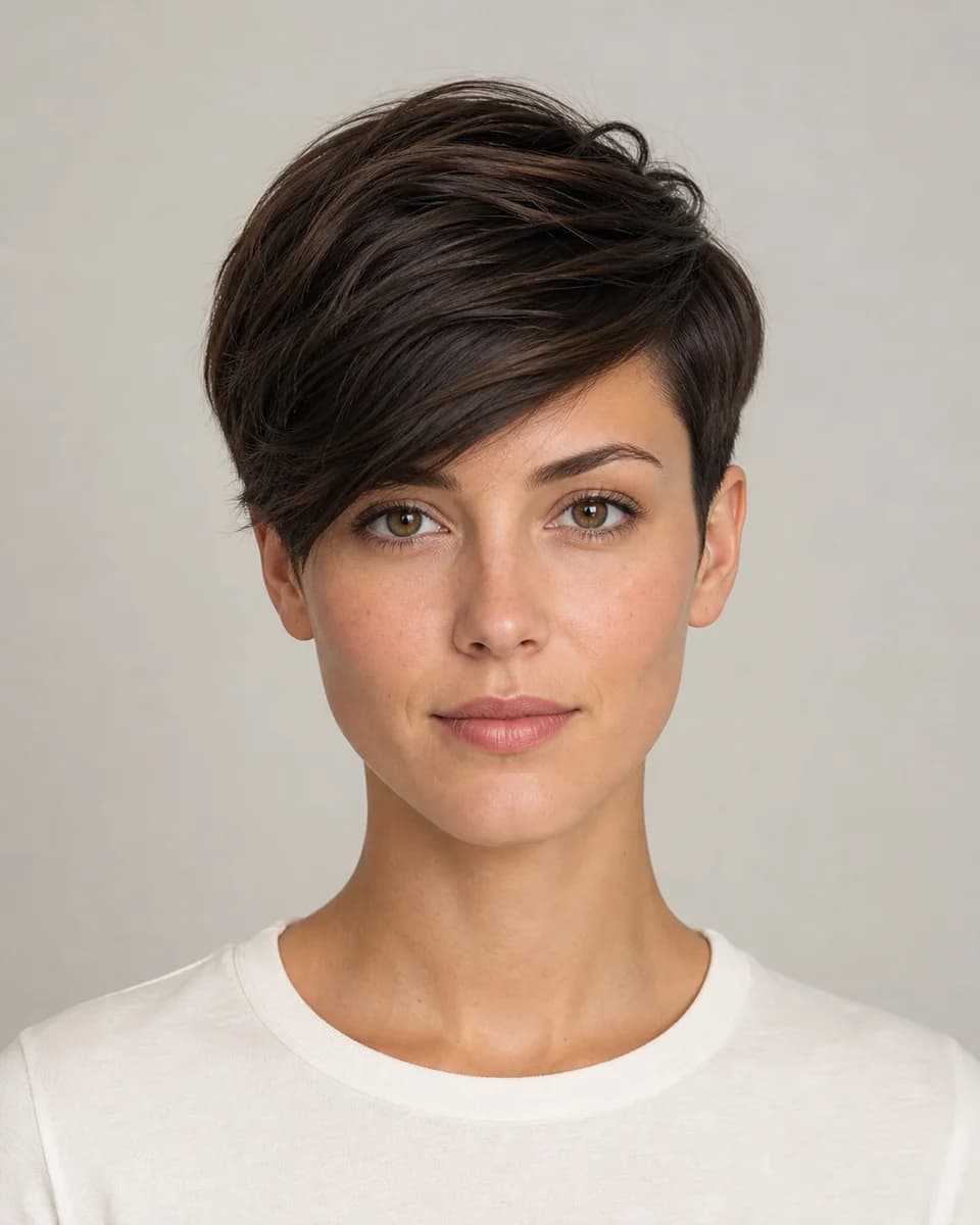 Long side-swept pixie — synthetic hairstyle study portrait