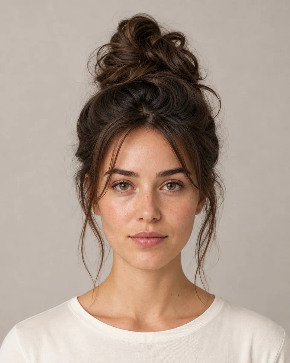 Textured messy bun — synthetic hairstyle study portrait